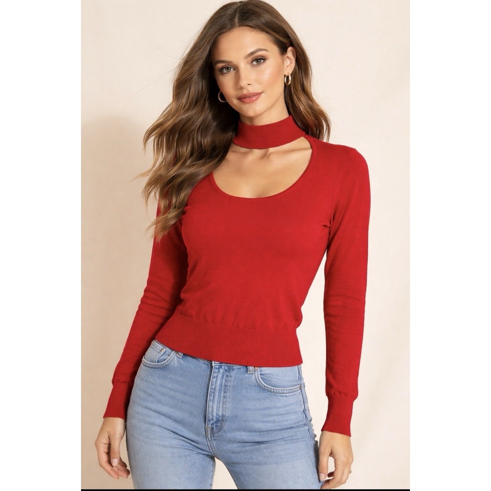 INC International Concepts Red Cutout Crewneck Sweater